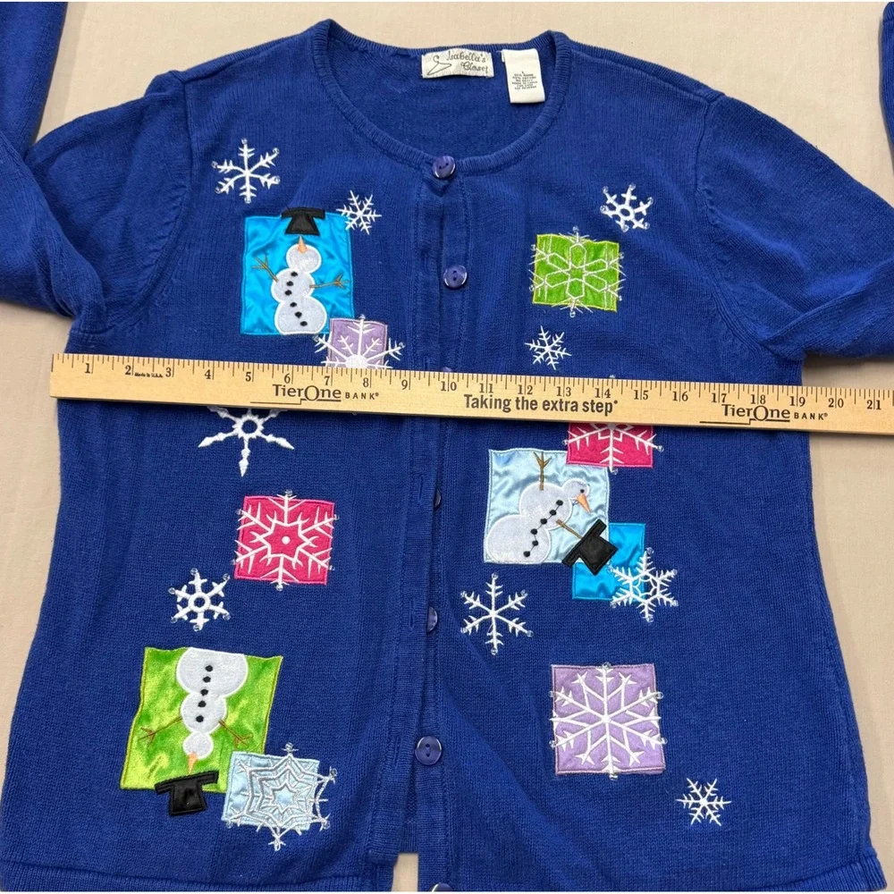 Isabella's Closet‎ Blue Snowman Snowflake Applique Cardigan Sweater Women's L